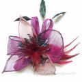 Purple Corsage Brooch with Linen, Feather and Fabric Flower, Decorated with Spray Beads